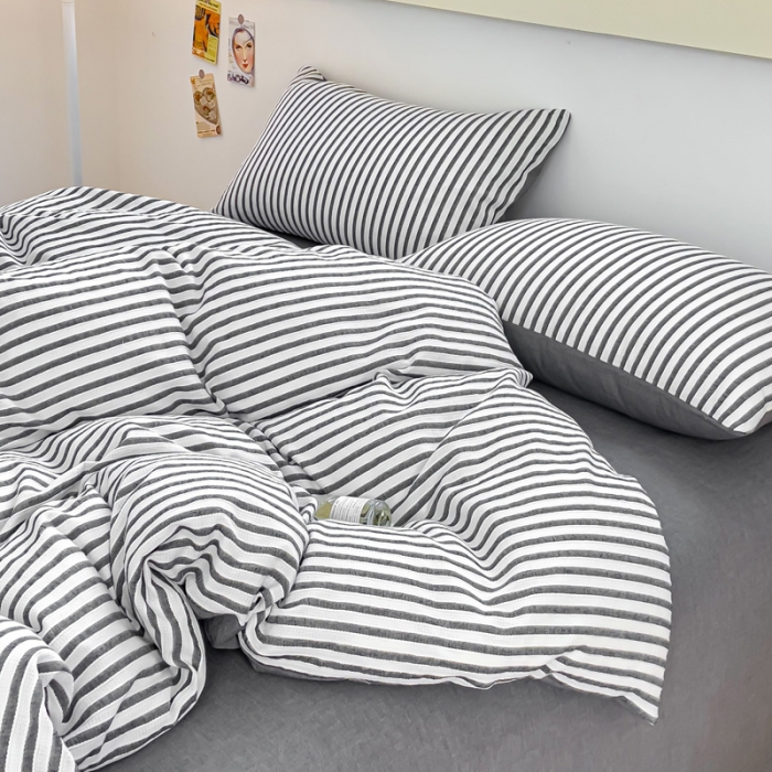 91家纺网 家纺一手货源 找家纺 千朵 2023新款色织条纹四件套 锦瑟灰