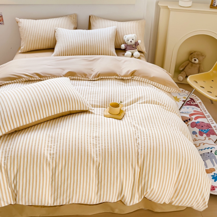 91家纺网 家纺一手货源 找家纺 千朵 2023新款色织条纹四件套 锦瑟卡其