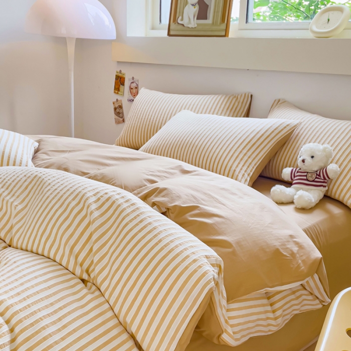 91家纺网 家纺一手货源 找家纺 千朵 2023新款色织条纹四件套 锦瑟卡其