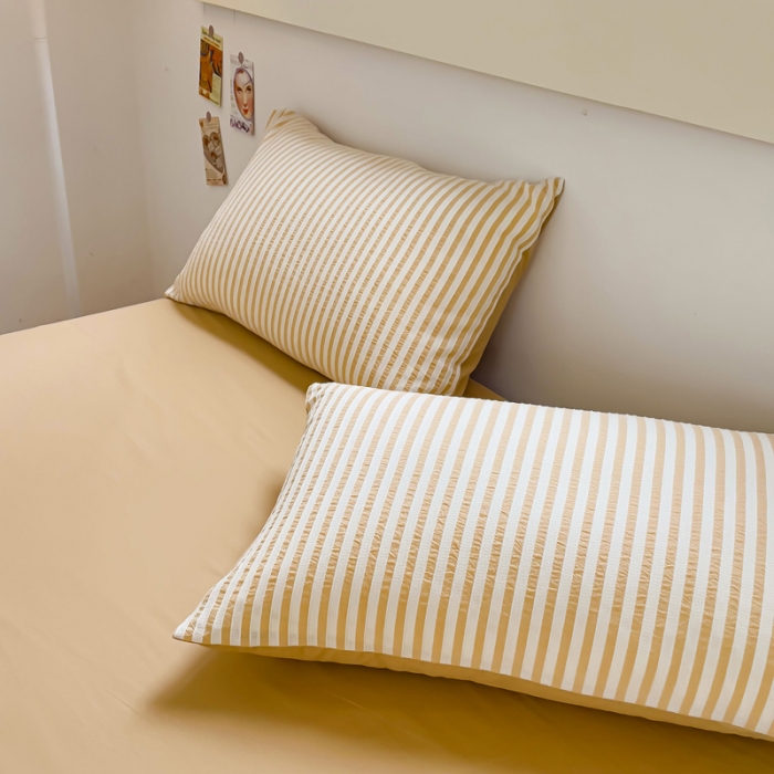 91家纺网 家纺一手货源 找家纺 千朵 2023新款色织条纹四件套 锦瑟卡其