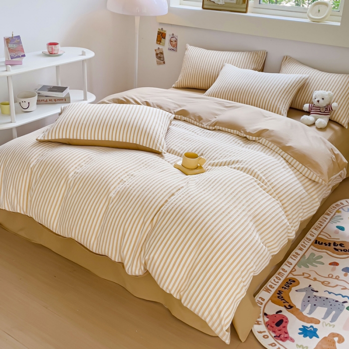 91家纺网 家纺一手货源 找家纺 千朵 2023新款色织条纹四件套 锦瑟卡其