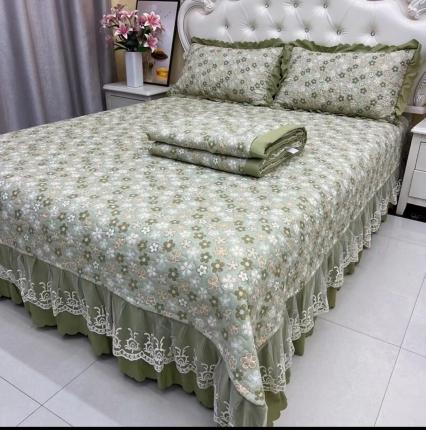 91家纺网 家纺一手货源 找家纺 (总)艺慕 2025新款双层纱水洗棉麻蕾丝花边床盖