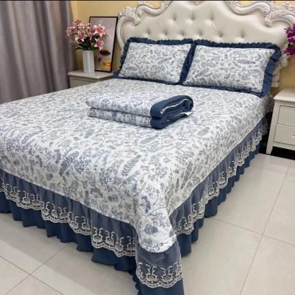 91家纺网 家纺一手货源 找家纺 (总)艺慕 2025新款双层纱水洗棉麻蕾丝花边床盖