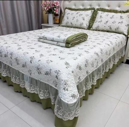 91家纺网 家纺一手货源 找家纺 (总)艺慕 2025新款双层纱水洗棉麻蕾丝花边床盖