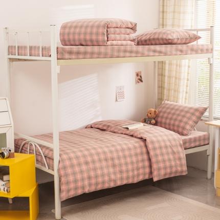 91家纺网 家纺一手货源 找家纺 柠萌 A类全棉色织水洗棉简约条纹格子学生季宿舍上下铺三件套 芳华粉