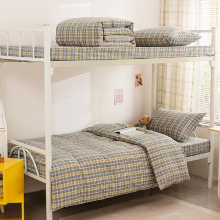 91家纺网 家纺一手货源 找家纺 柠萌 A类全棉色织水洗棉简约条纹格子学生季宿舍上下铺三件套 芳华灰