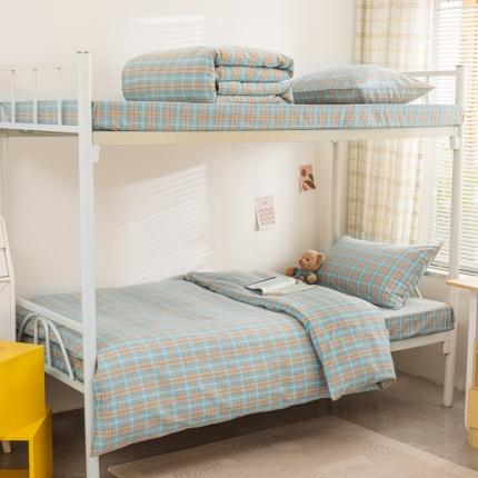 91家纺网 家纺一手货源 找家纺 柠萌 A类全棉色织水洗棉简约条纹格子学生季宿舍上下铺三件套 芳华绿