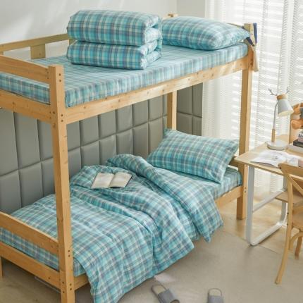 91家纺网 家纺一手货源 找家纺 柠萌 A类全棉色织水洗棉简约条纹格子学生季宿舍上下铺三件套 简爱绿格