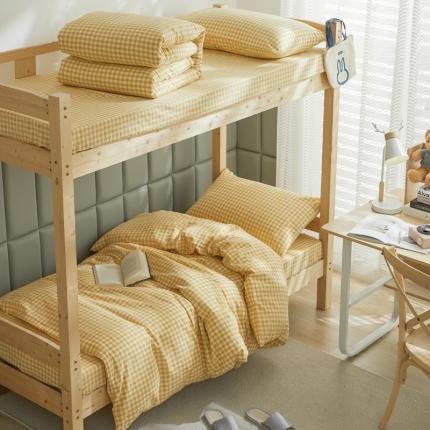 91家纺网 家纺一手货源 找家纺 柠萌 A类全棉色织水洗棉简约条纹格子学生季宿舍上下铺三件套 小黄格