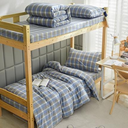 91家纺网 家纺一手货源 找家纺 柠萌 A类全棉色织水洗棉简约条纹格子学生季宿舍上下铺三件套 遇见兰格深颜色