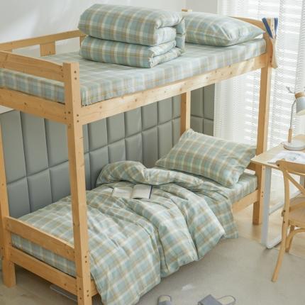 91家纺网 家纺一手货源 找家纺 柠萌 A类全棉色织水洗棉简约条纹格子学生季宿舍上下铺三件套 遇见绿格