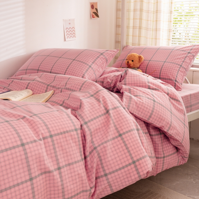 91家纺网 家纺一手货源 找家纺 （总）柠萌 A类全棉色织水洗棉简约条纹格子学生季宿舍上下铺三件套