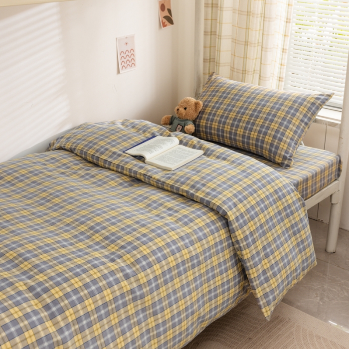 91家纺网 家纺一手货源 找家纺 柠萌 A类全棉色织水洗棉简约条纹格子学生季宿舍上下铺三件套 芳华灰