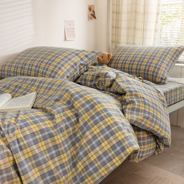 91家纺网 家纺一手货源 找家纺 柠萌 A类全棉色织水洗棉简约条纹格子学生季宿舍上下铺三件套 芳华灰