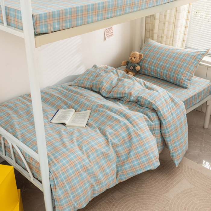 91家纺网 家纺一手货源 找家纺 柠萌 A类全棉色织水洗棉简约条纹格子学生季宿舍上下铺三件套 芳华绿