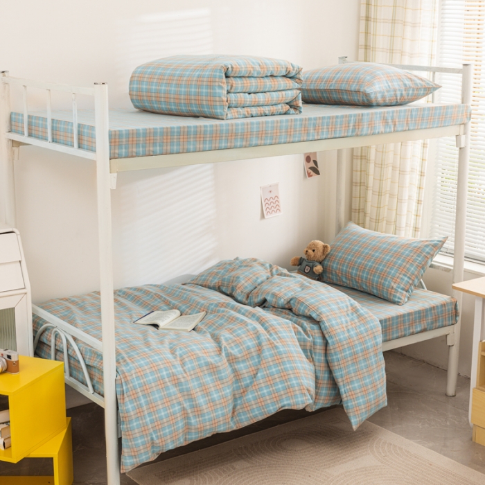 91家纺网 家纺一手货源 找家纺 柠萌 A类全棉色织水洗棉简约条纹格子学生季宿舍上下铺三件套 芳华绿