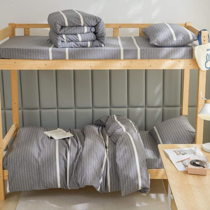 91家纺网 家纺一手货源 找家纺 柠萌 A类全棉色织水洗棉简约条纹格子学生季宿舍上下铺三件套 光阴灰