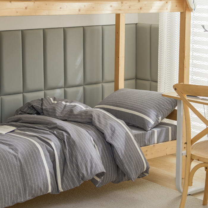 91家纺网 家纺一手货源 找家纺 柠萌 A类全棉色织水洗棉简约条纹格子学生季宿舍上下铺三件套 光阴灰