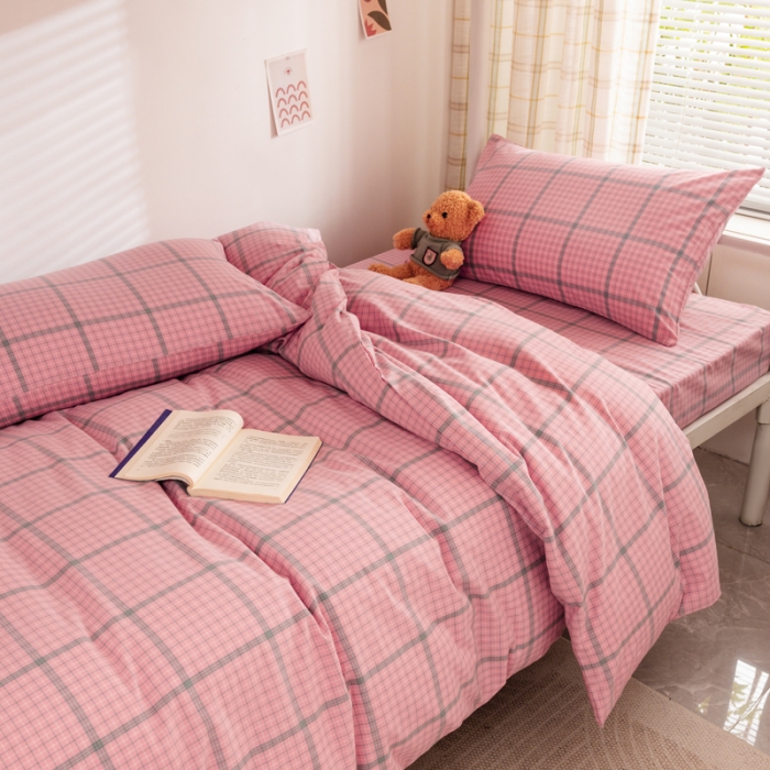 91家纺网 家纺一手货源 找家纺 柠萌 A类全棉色织水洗棉简约条纹格子学生季宿舍上下铺三件套 瓦尔粉