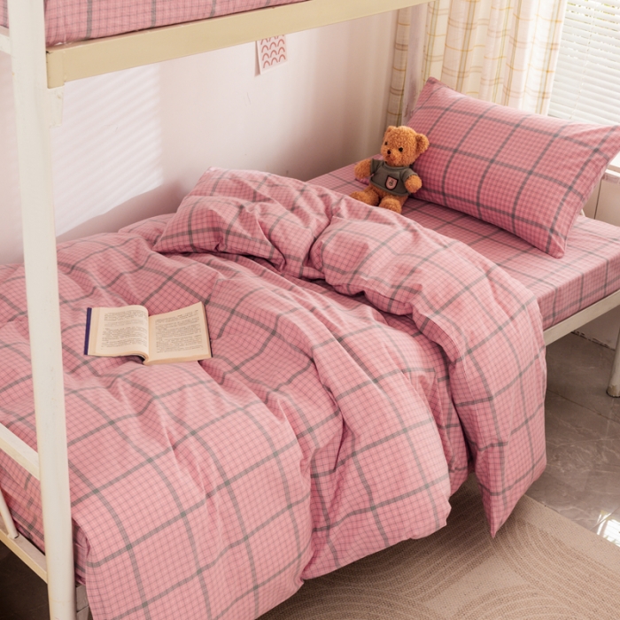 91家纺网 家纺一手货源 找家纺 柠萌 A类全棉色织水洗棉简约条纹格子学生季宿舍上下铺三件套 瓦尔粉