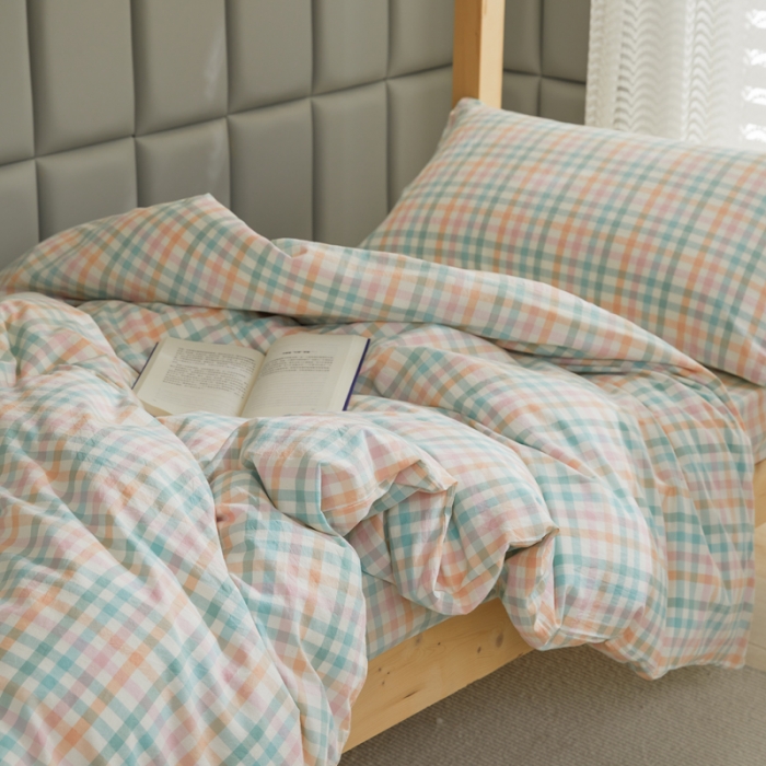 91家纺网 家纺一手货源 找家纺 柠萌 A类全棉色织水洗棉简约条纹格子学生季宿舍上下铺三件套 小彩格