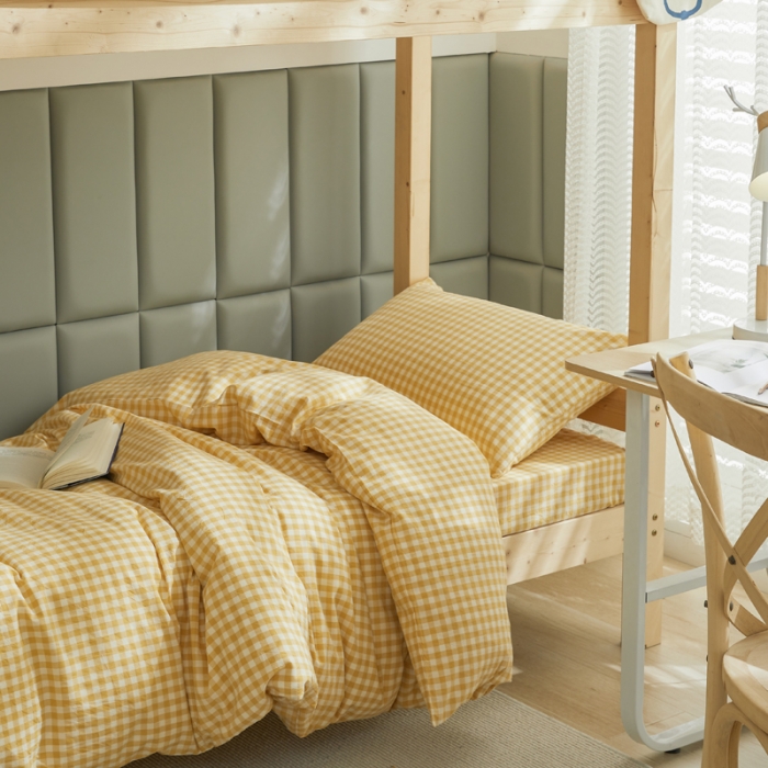 91家纺网 家纺一手货源 找家纺 柠萌 A类全棉色织水洗棉简约条纹格子学生季宿舍上下铺三件套 小黄格