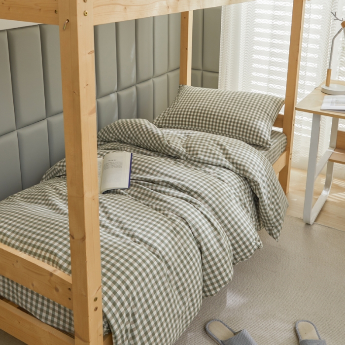 91家纺网 家纺一手货源 找家纺 柠萌 A类全棉色织水洗棉简约条纹格子学生季宿舍上下铺三件套 小绿格