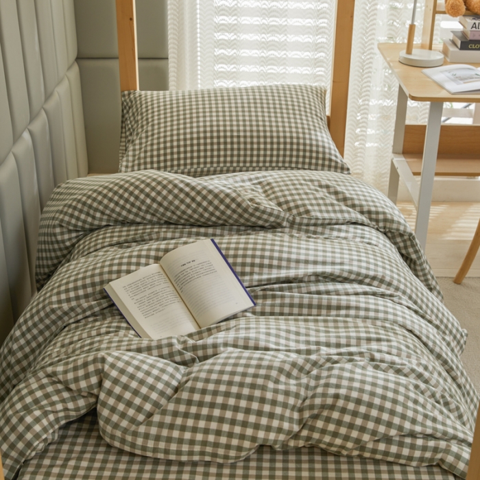 91家纺网 家纺一手货源 找家纺 柠萌 A类全棉色织水洗棉简约条纹格子学生季宿舍上下铺三件套 小绿格