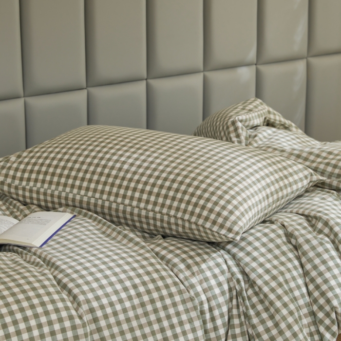 91家纺网 家纺一手货源 找家纺 柠萌 A类全棉色织水洗棉简约条纹格子学生季宿舍上下铺三件套 小绿格