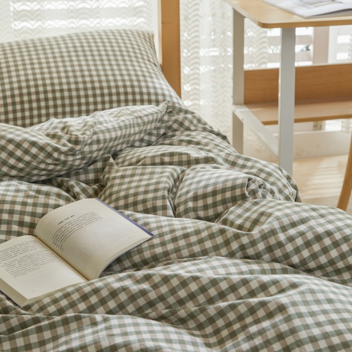 91家纺网 家纺一手货源 找家纺 柠萌 A类全棉色织水洗棉简约条纹格子学生季宿舍上下铺三件套 小绿格