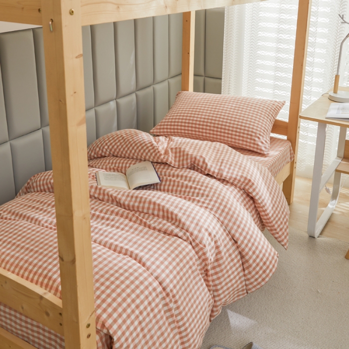 91家纺网 家纺一手货源 找家纺 柠萌 A类全棉色织水洗棉简约条纹格子学生季宿舍上下铺三件套 玉小格