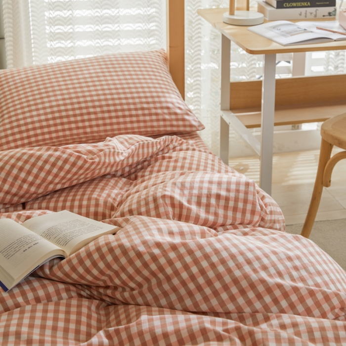 91家纺网 家纺一手货源 找家纺 柠萌 A类全棉色织水洗棉简约条纹格子学生季宿舍上下铺三件套 玉小格