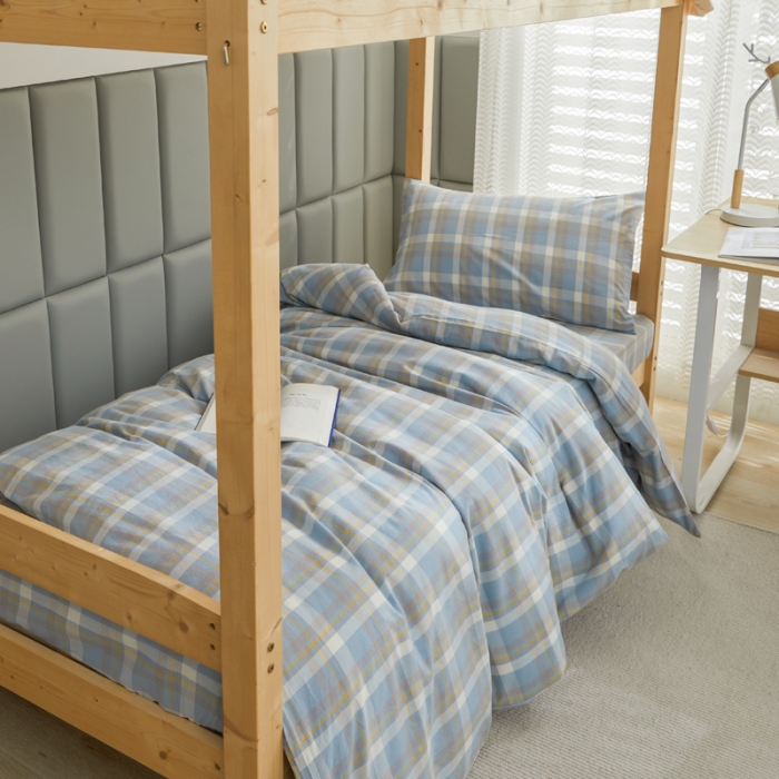 91家纺网 家纺一手货源 找家纺 柠萌 A类全棉色织水洗棉简约条纹格子学生季宿舍上下铺三件套 遇见兰格