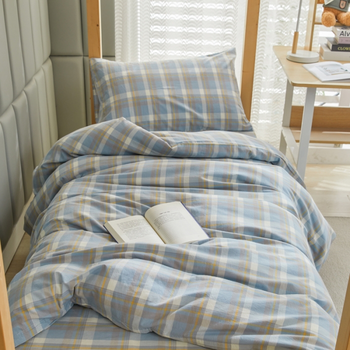 91家纺网 家纺一手货源 找家纺 柠萌 A类全棉色织水洗棉简约条纹格子学生季宿舍上下铺三件套 遇见兰格