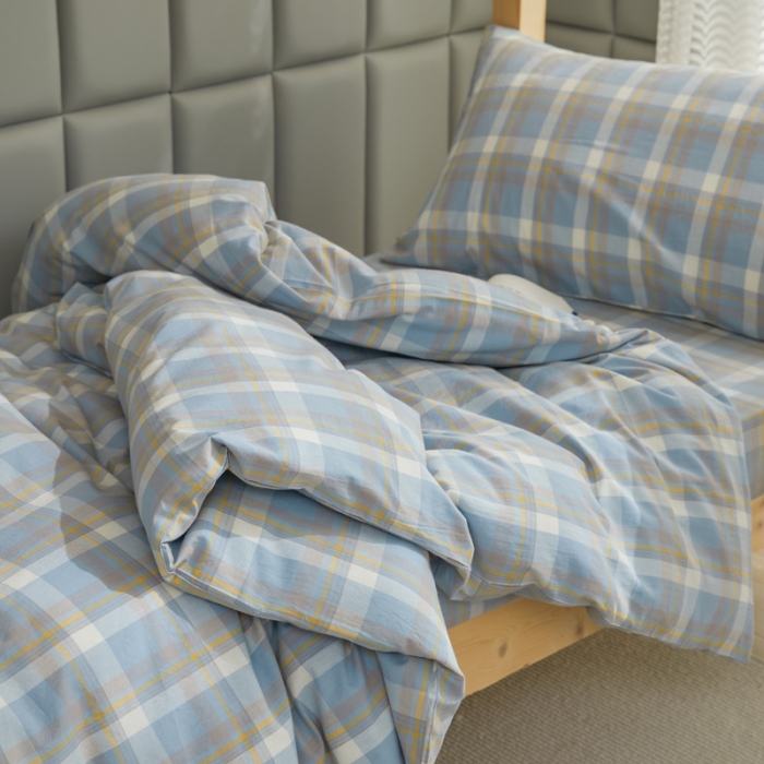 91家纺网 家纺一手货源 找家纺 柠萌 A类全棉色织水洗棉简约条纹格子学生季宿舍上下铺三件套 遇见兰格