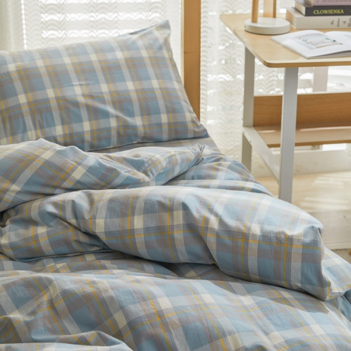 91家纺网 家纺一手货源 找家纺 柠萌 A类全棉色织水洗棉简约条纹格子学生季宿舍上下铺三件套 遇见兰格