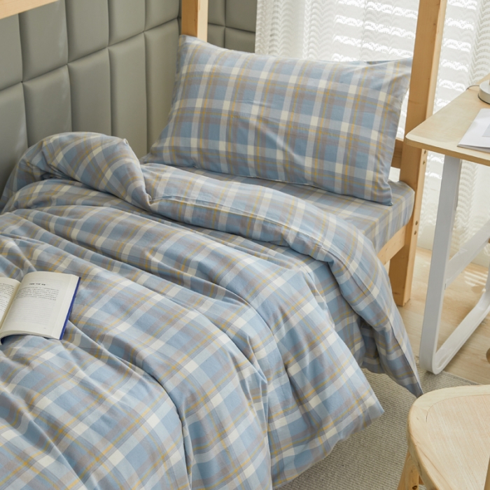 91家纺网 家纺一手货源 找家纺 柠萌 A类全棉色织水洗棉简约条纹格子学生季宿舍上下铺三件套 遇见兰格