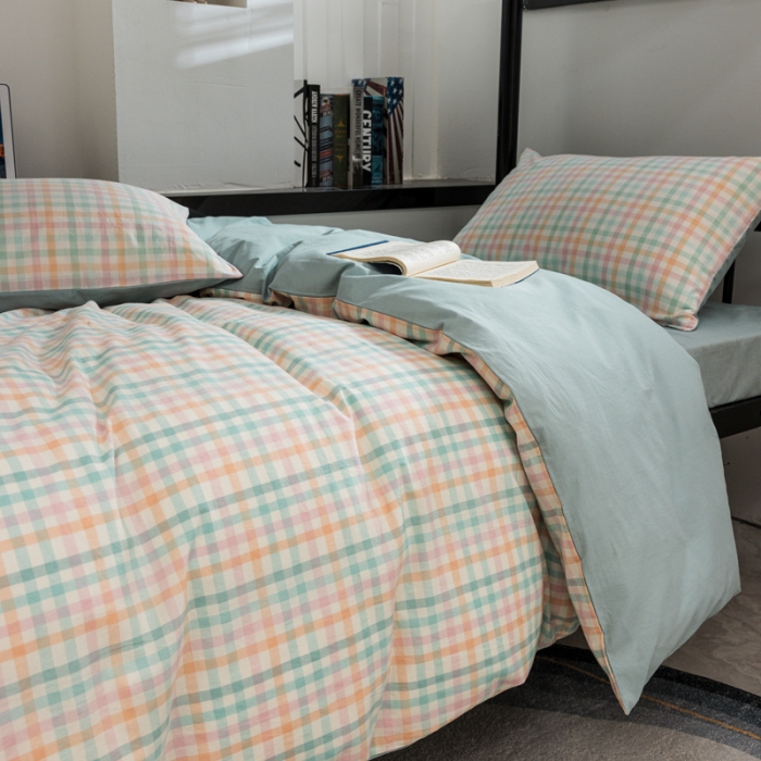 91家纺网 家纺一手货源 找家纺 柠萌 2025新款A类色织水洗棉学生简约上下铺宿舍三件套 冰激凌绿