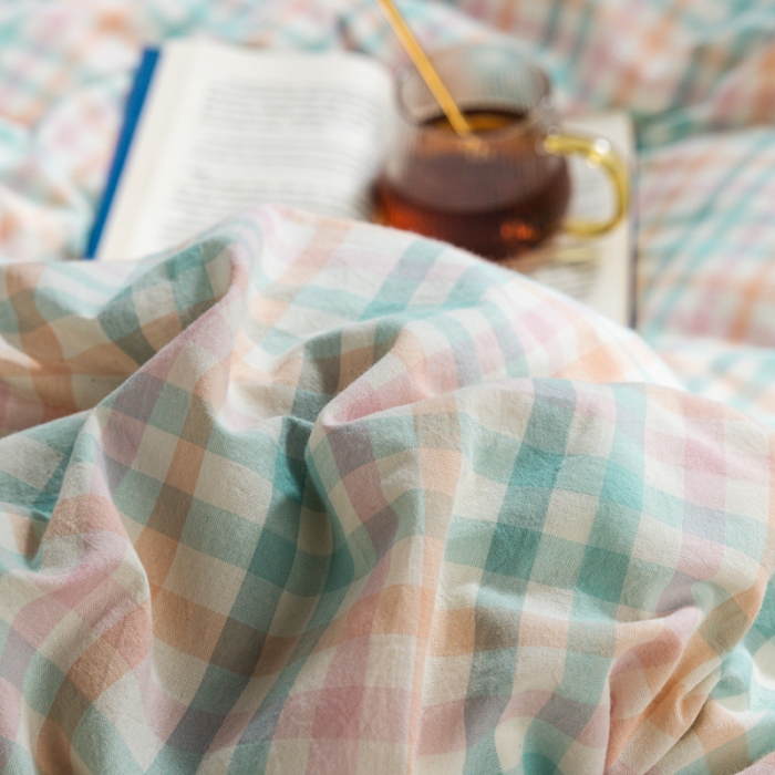 91家纺网 家纺一手货源 找家纺 柠萌 2025新款A类色织水洗棉学生简约上下铺宿舍三件套 冰激凌绿