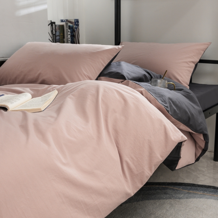 91家纺网 家纺一手货源 找家纺 柠萌 2025新款A类色织水洗棉学生简约上下铺宿舍三件套 豆沙深灰