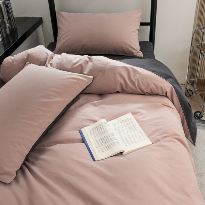 91家纺网 家纺一手货源 找家纺 柠萌 2025新款A类色织水洗棉学生简约上下铺宿舍三件套 豆沙深灰