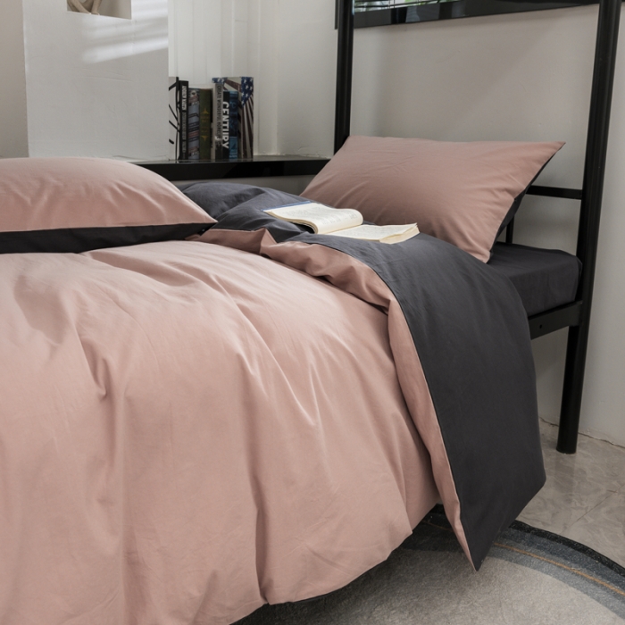 91家纺网 家纺一手货源 找家纺 柠萌 2025新款A类色织水洗棉学生简约上下铺宿舍三件套 豆沙深灰