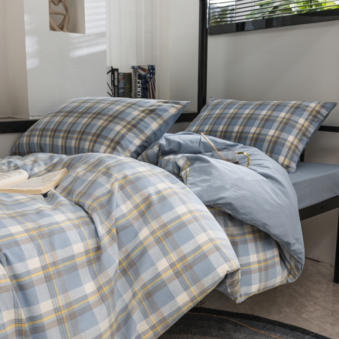 91家纺网 家纺一手货源 找家纺 柠萌 2025新款A类色织水洗棉学生简约上下铺宿舍三件套 简兮蓝