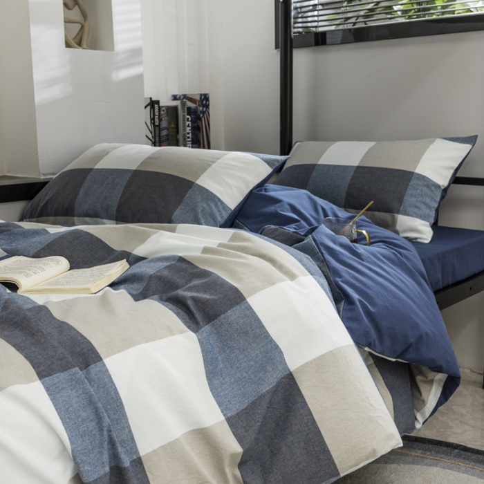 91家纺网 家纺一手货源 找家纺 柠萌 2025新款A类色织水洗棉学生简约上下铺宿舍三件套 蓝调格