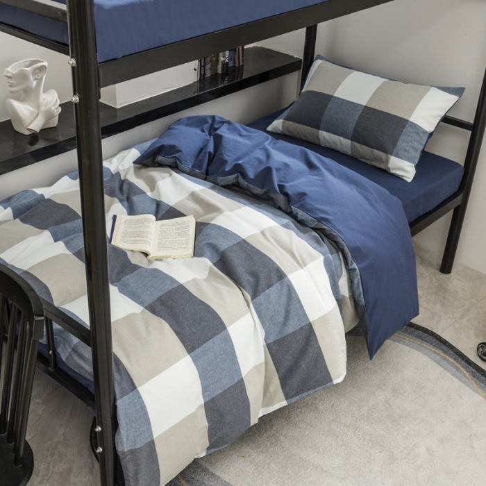 91家纺网 家纺一手货源 找家纺 柠萌 2025新款A类色织水洗棉学生简约上下铺宿舍三件套 蓝调格