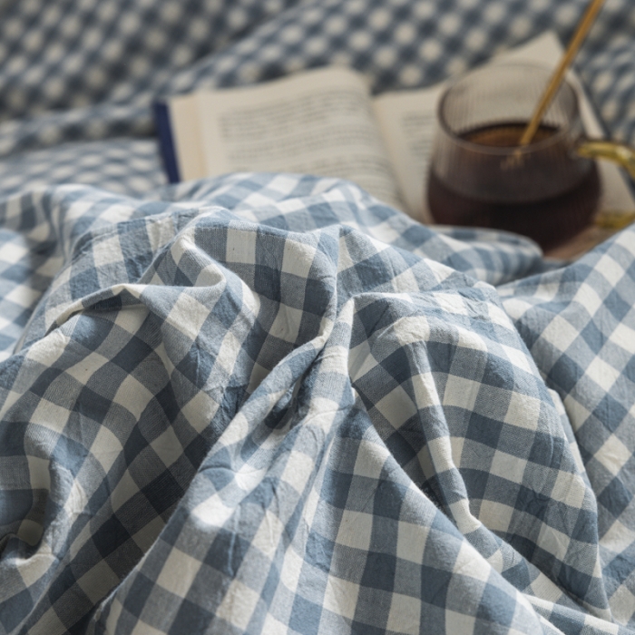 91家纺网 家纺一手货源 找家纺 柠萌 2025新款A类色织水洗棉学生简约上下铺宿舍三件套 蓝小格