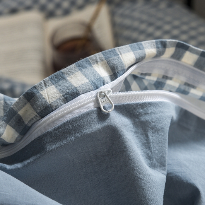 91家纺网 家纺一手货源 找家纺 柠萌 2025新款A类色织水洗棉学生简约上下铺宿舍三件套 蓝小格