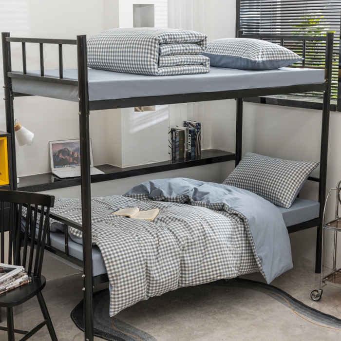 91家纺网 家纺一手货源 找家纺 柠萌 2025新款A类色织水洗棉学生简约上下铺宿舍三件套 蓝小格