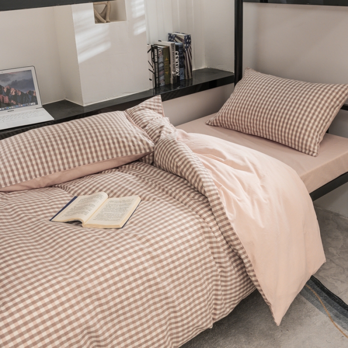 91家纺网 家纺一手货源 找家纺 柠萌 2025新款A类色织水洗棉学生简约上下铺宿舍三件套 蜜粉格