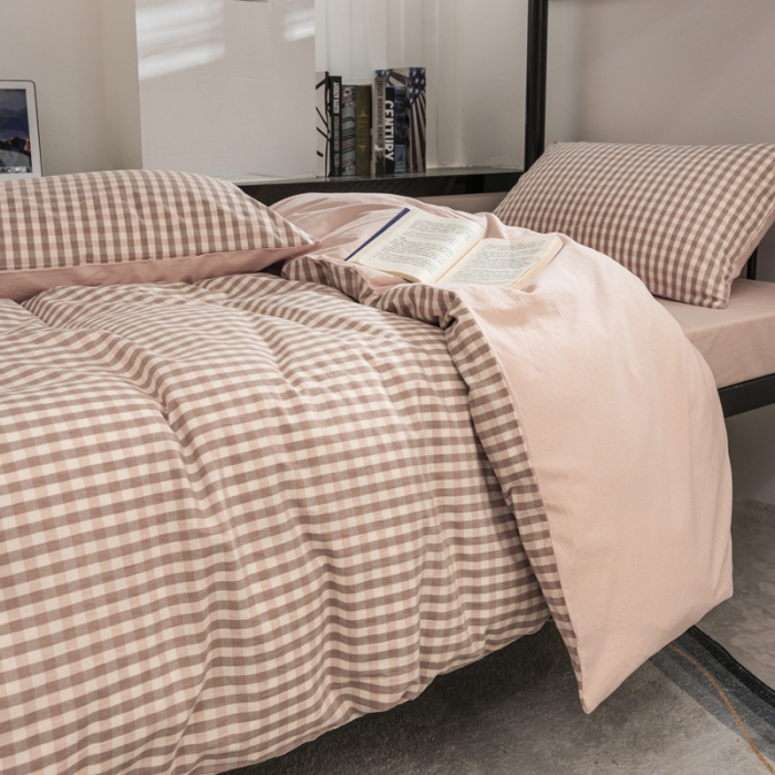 91家纺网 家纺一手货源 找家纺 柠萌 2025新款A类色织水洗棉学生简约上下铺宿舍三件套 蜜粉格